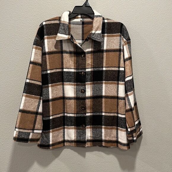 Brown Plaid Flannel Button Up‎ Shacket Sz L - Picture 1 of 4